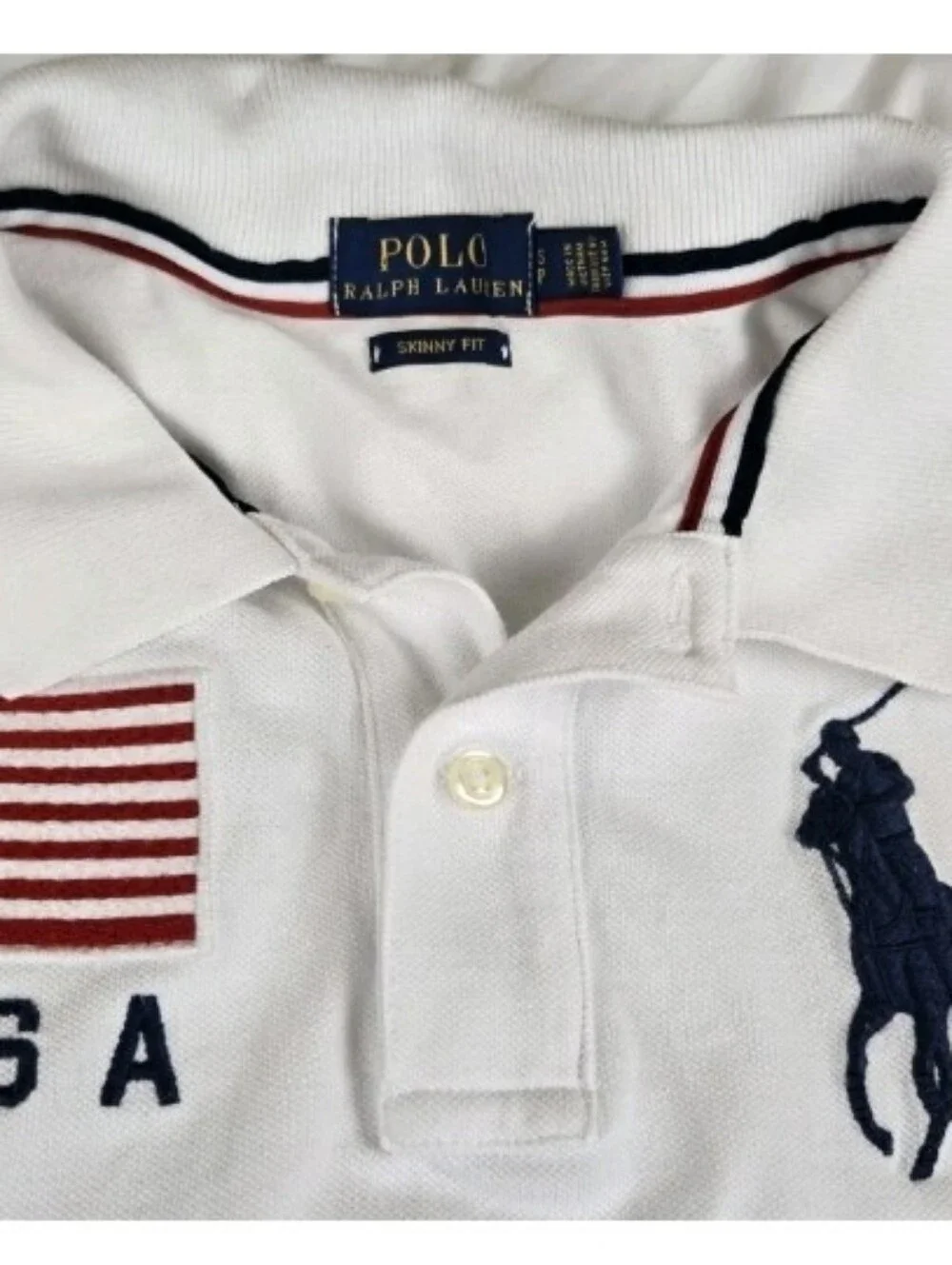 Polo Ralph Lauren Skinny Fit White Big Pony USA Flag Polo Shirt Men's - Small S